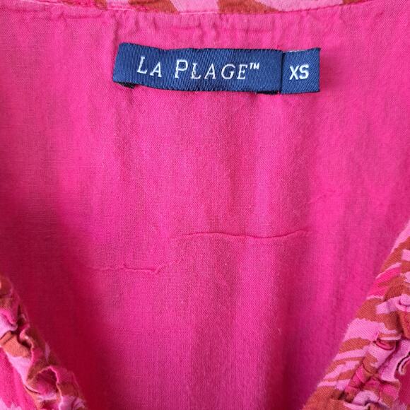LA PLAGE Mallory Short Sleeve Tiered Maxi Dress XS Pink Red Woodblock Resort - Picture 5 of 9